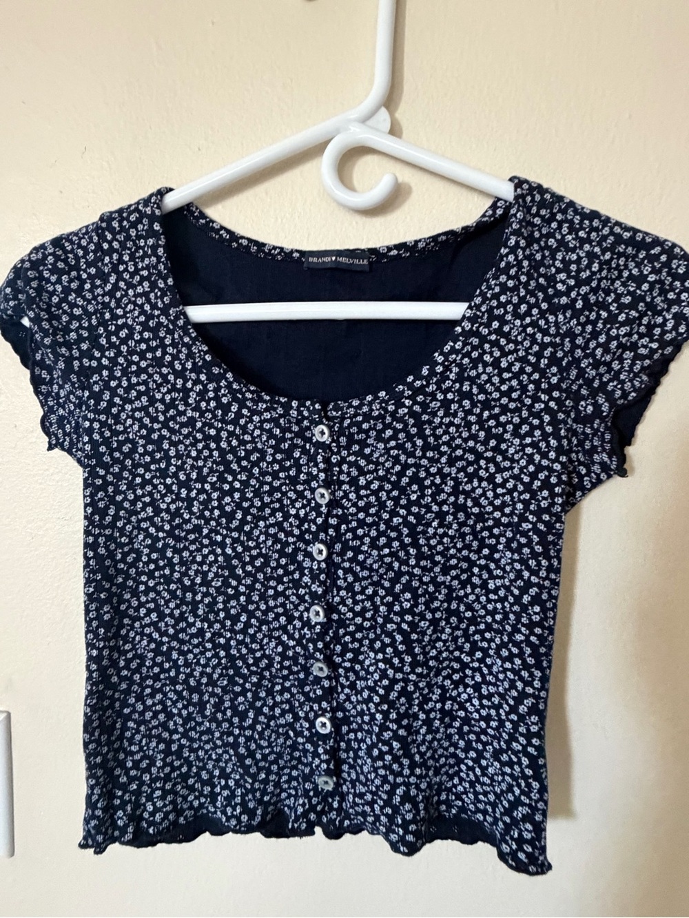 Brandy Melville Navy Blue Floral Button-Up Top